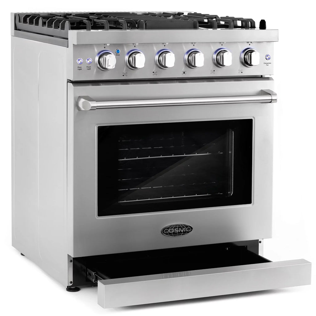 Cosmo 4 Piece Kitchen Appliance Package with 30" Freestanding Gas Range 30" Under Cabinet Range Hood 24" Built-in Integrated Dishwasher & French Door Refrigerator Kitchen Appliance Bundles