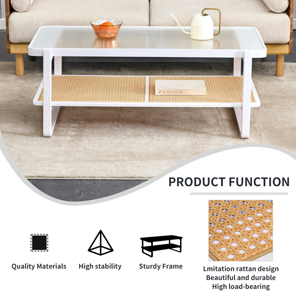 Glass Top, Imitation Rattan Side Table. Modern Minimalist White Double-walled Solid Wood Coffee Table. Rectangular Tables for Living Rooms, Dining Rooms and Bedrooms