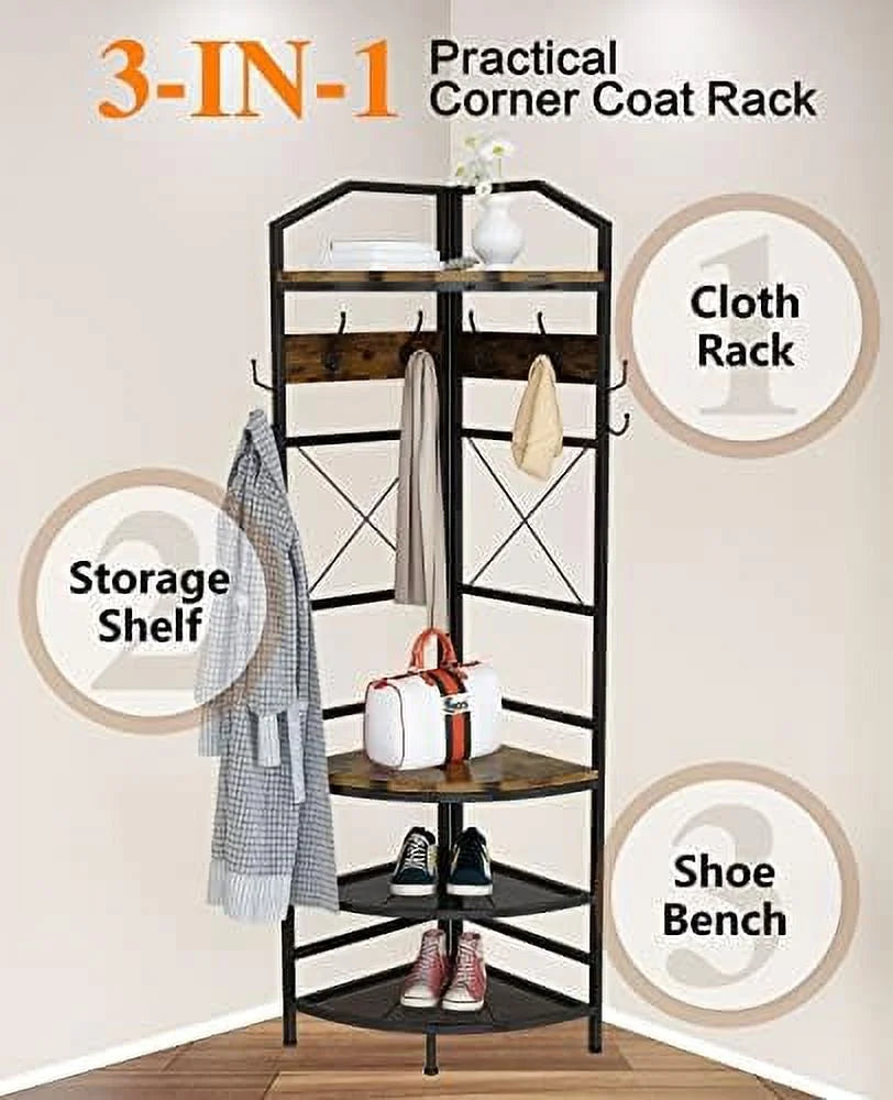 AYFDEGT 3-in-1 Entryway Coat Rack Industrial Hall Tree Corner Cloth Rack with Bench Hallway Coat and Shoe Rack for Corner Entryway Organizer with Metal Shoe for Hallway Corner Entran