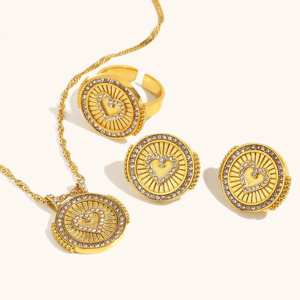 Retro Geometric Heart Disc Zircon Necklace Earring And Ring Set