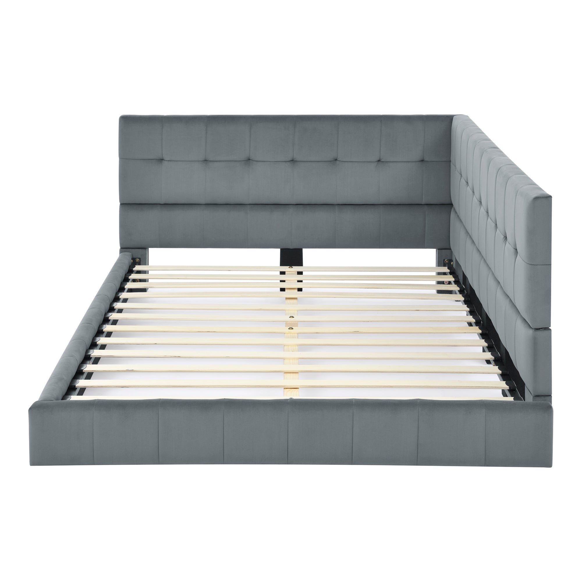 Full Size Upholstered Tufted Bed Frame with Comfortable Backrest and Armrests, Velvet Sofa Bed for Bedroom or Living Room, Grey (80.5'' x 59'' x 30.5'')