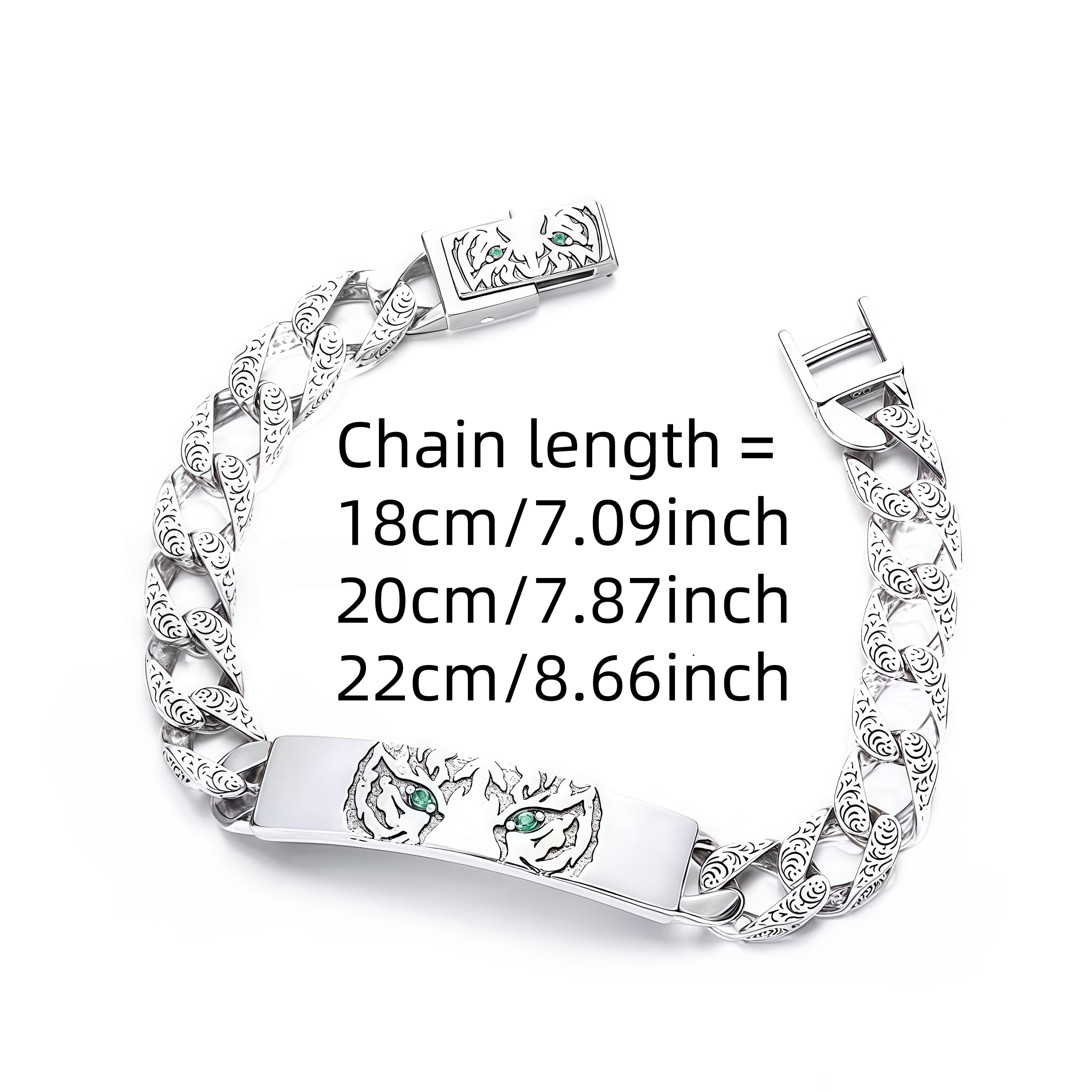 Vintage Engraved Tiger Head Curb Chain ID Bracelet For Men, Copper Plated Silver Inlaid Green CZ Eye Biker Punk Casual Wrist Jewelry Gift