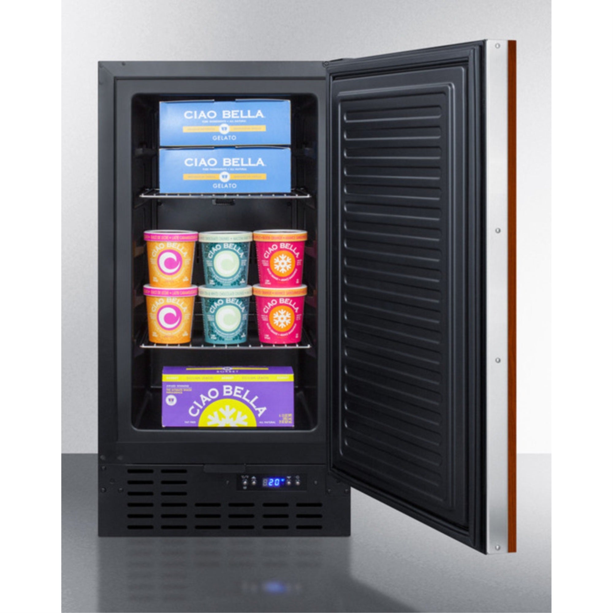 18" wide frost-free freezer in black for built-in or freestanding use, with integrated door frame for overlay panels