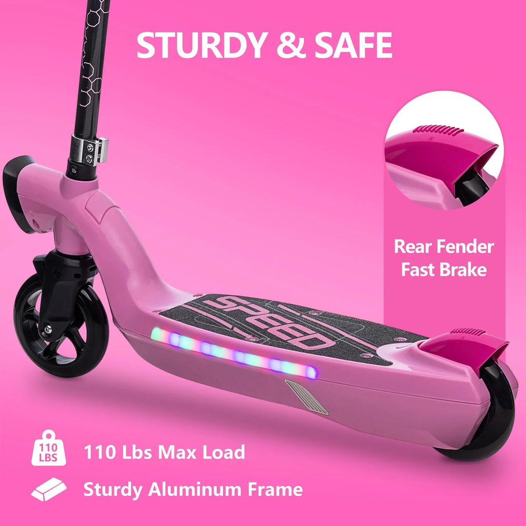 iRerts Kids Electric Scooter for 6-14 Year Old, Portable Kids Scooter for Boys Girls, 12V 45W Kids Electric Scooter with Front Big Light, Rear Brake, Colorful Deck Light, Pink