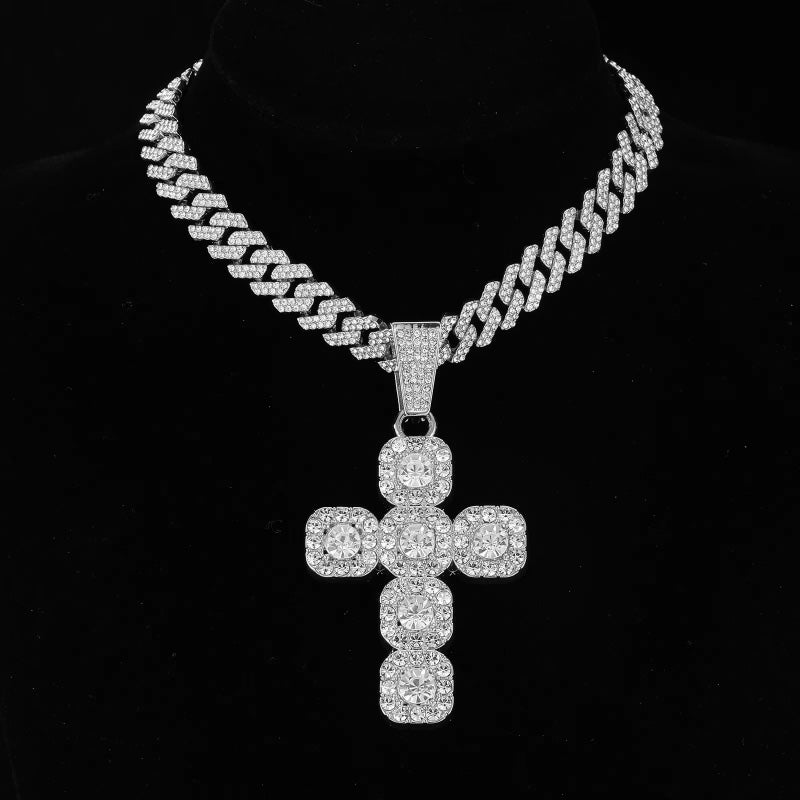 13mm Width Football Pendant Necklace,Full Diamond Cross Pendant Necklace, 3D Diamond Gold Zinc Alloy Stainless Steel Religious Zircon