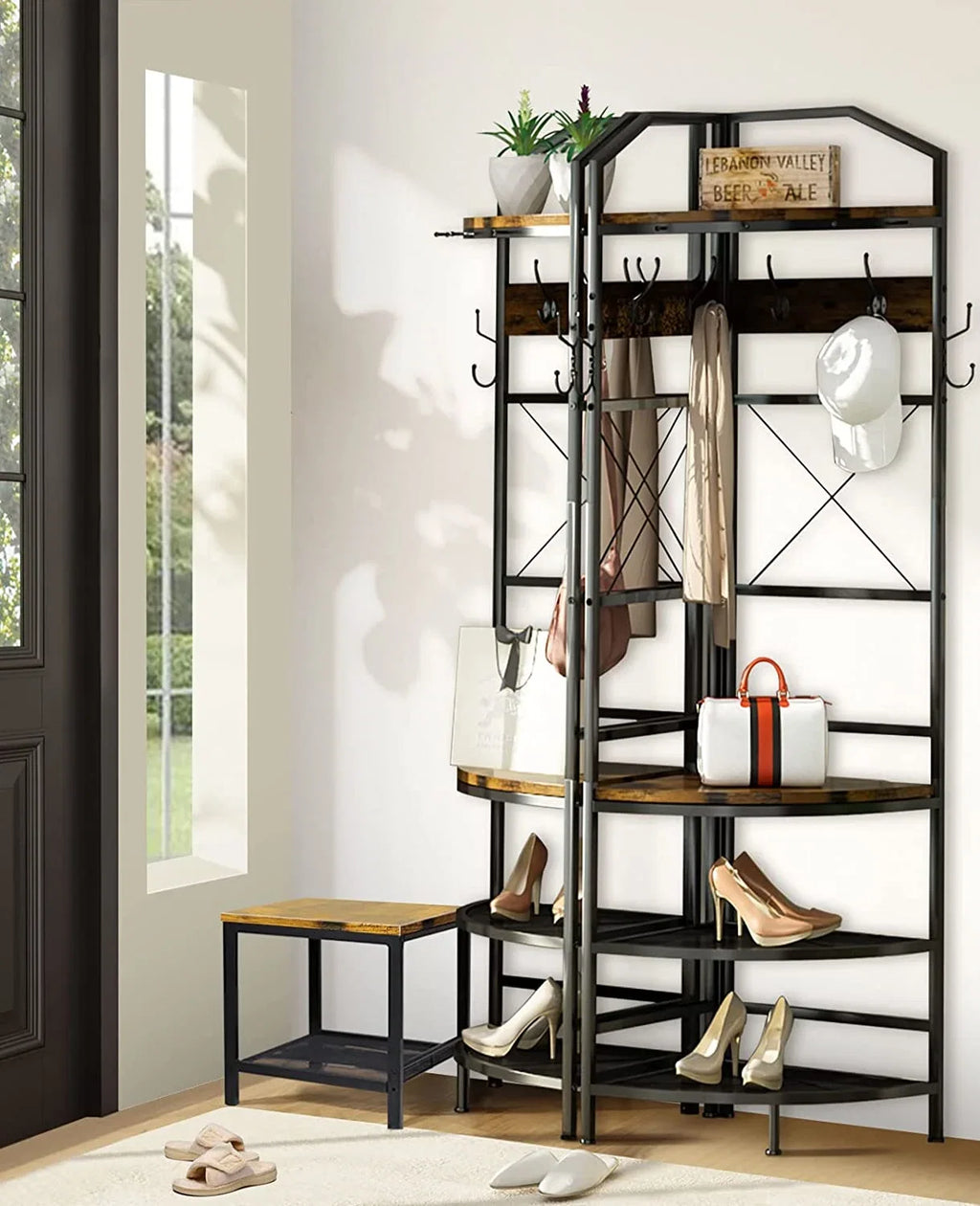 Corner Coat Rack Hall Tree with Shoe Bench Entryway Coat Rack with 6 Metal Hooks, Industrial Corner Shoe Racks Freestanding Corner Shelves Organizer Entryway Bench with Coat Rack & Storage