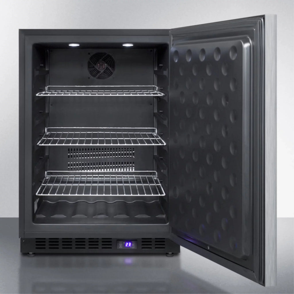 Frost-free built-in undercounter all-freezer for residential or commercial use, with stainless steel wrapped exterior and horizontal handle