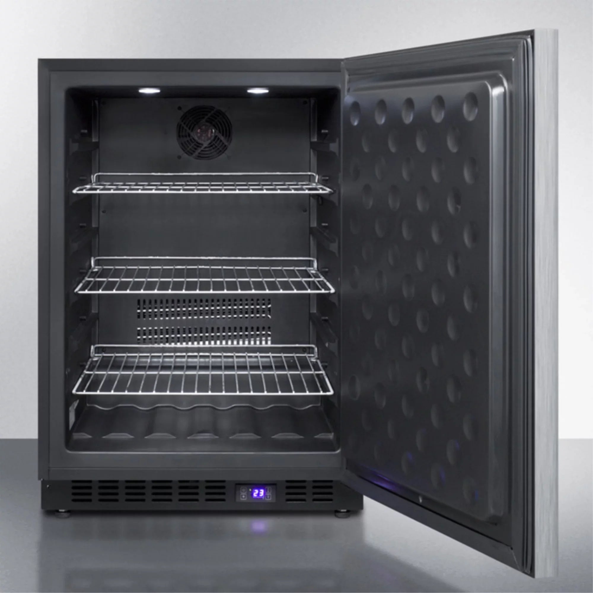 Frost-free built-in undercounter all-freezer for residential or commercial use, with stainless steel wrapped exterior and horizontal handle