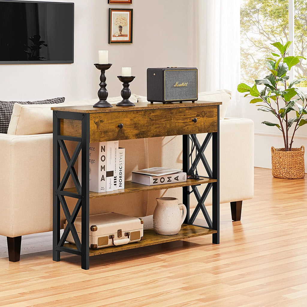Console Table with Drawer, Entryway Table with 3 Tier Storage Shelves, Narrow Long Sofa Table for Entryway, Living Room, Hallway, Couch, Kitchen, Metal Frame, Rustic ftp