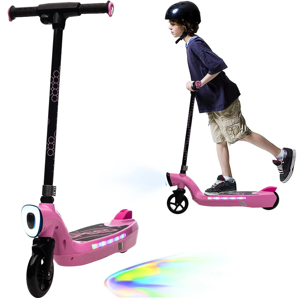 iRerts Kids Electric Scooter for 6-14 Year Old, Portable Kids Scooter for Boys Girls, 12V 45W Kids Electric Scooter with Front Big Light, Rear Brake, Colorful Deck Light, Pink