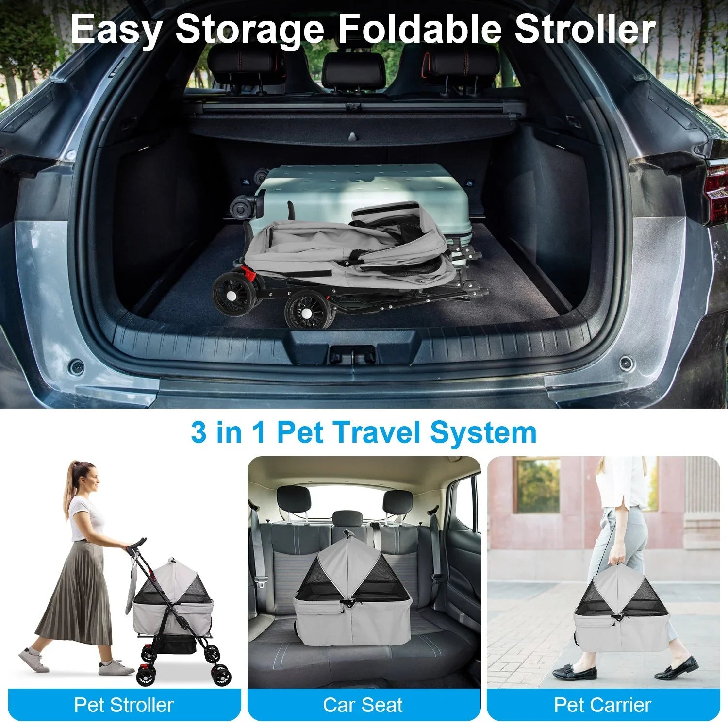 iMounTEK Pet Stroller with 4 Wheels, Outdoor Foldable Dog Cage Stroller with Removable Liner Storage Basket for Dog Cat, Gray