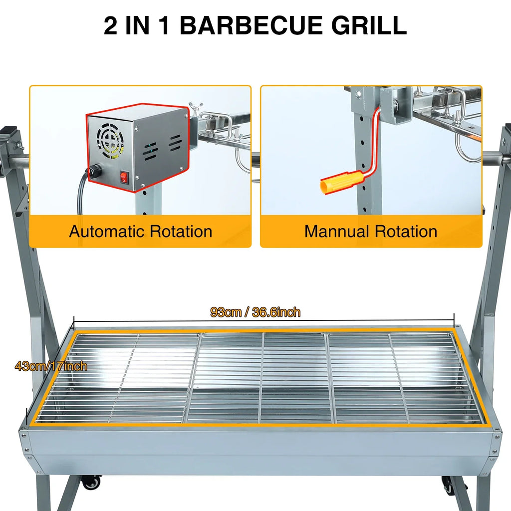 Rocita Rotisserie Grill Roaster, 132lbs Charcoal Grill Outdoor BBQ Grill Pig Lamb Spit Roaster with 25W Motor and Hand Crank