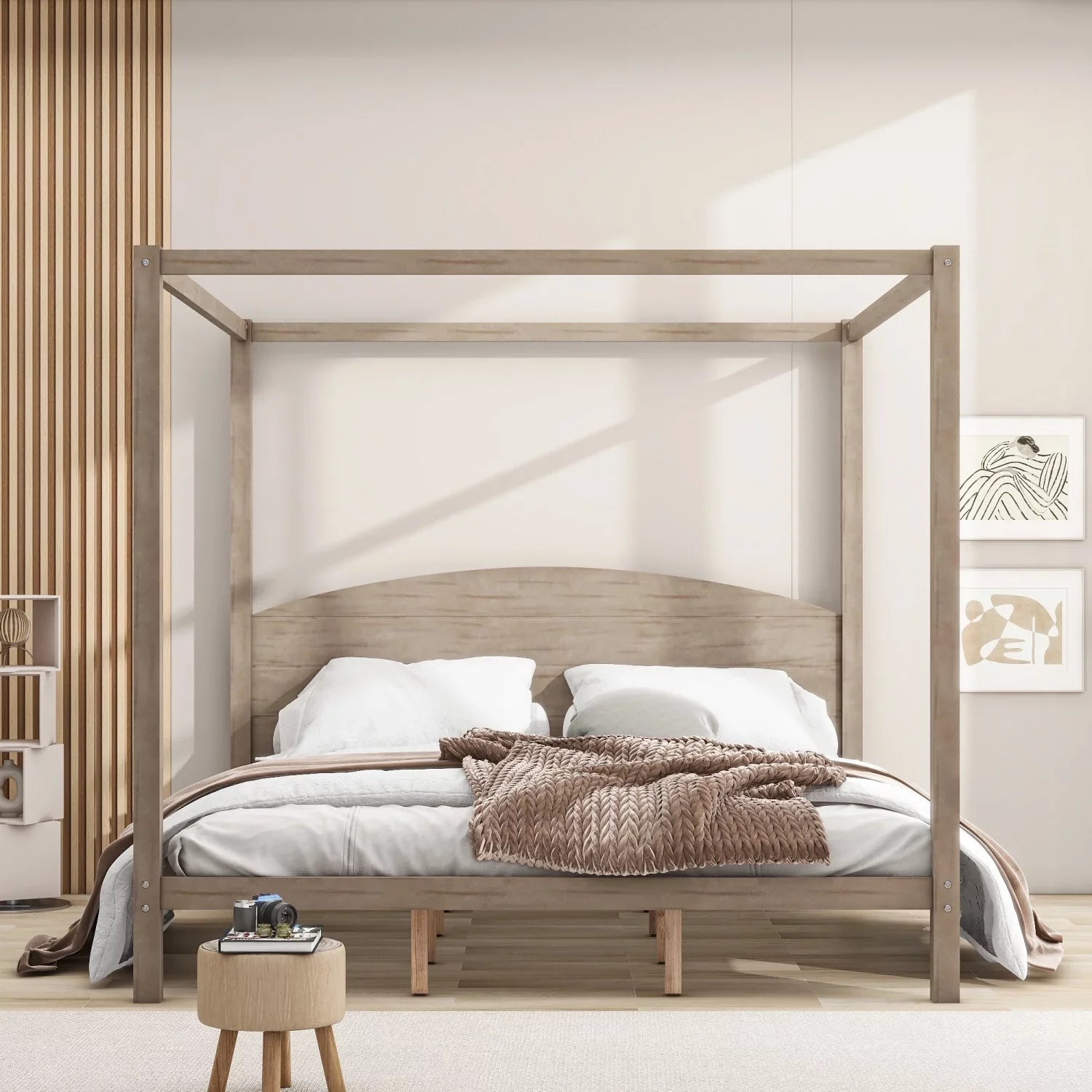 Upgrade your regal bedroom with this elegant and luxurious brown wash canopy platform king size bed. Featuring sturdy support legs and a stylish headboard this bed is the perfect additio