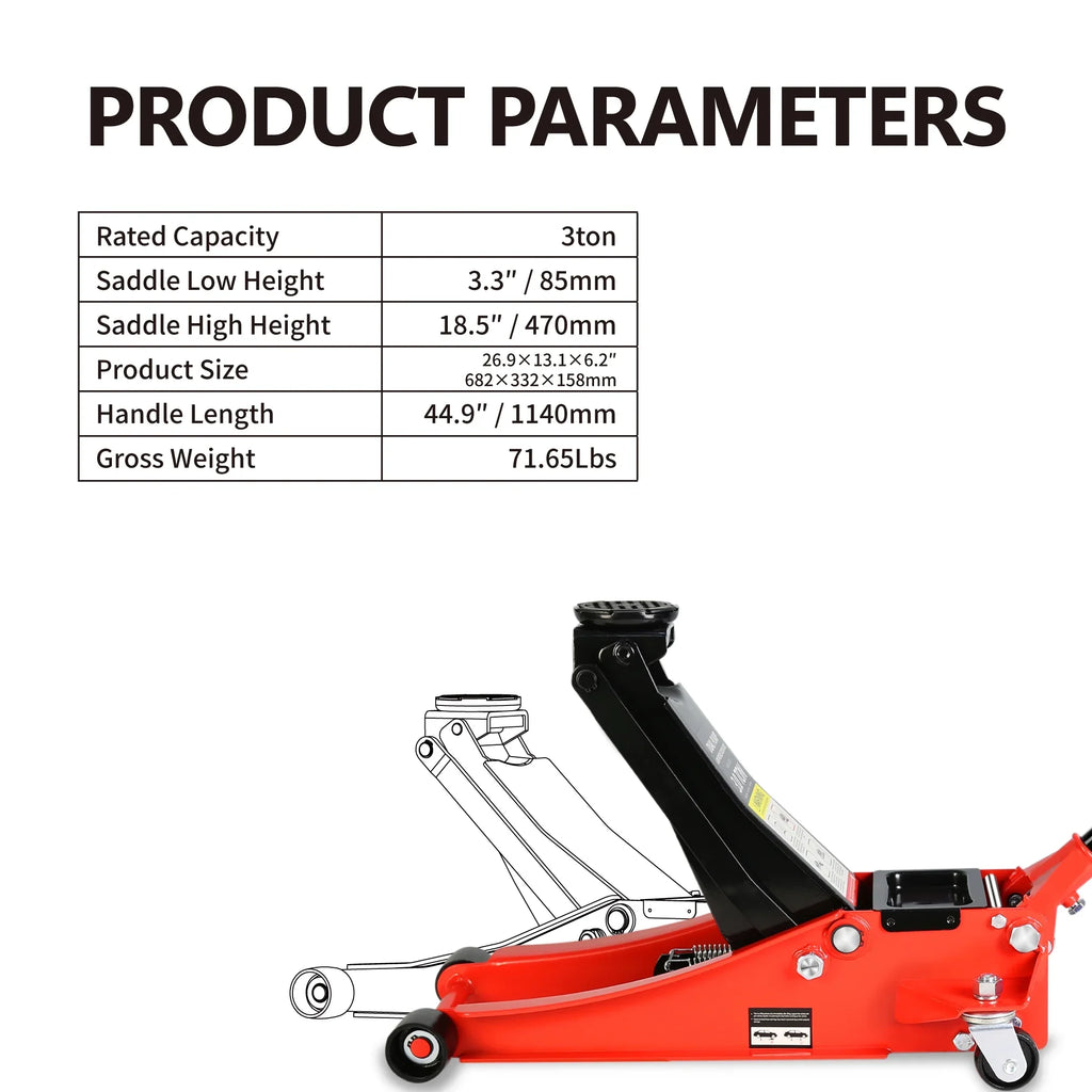 Low Profile Floor Jack, Seizeen 3 Ton(6600 lbs) Trolley Jack Dual Lift Pump, Quick Lift 3-3/10" - 18-4/20", Heavy-Duty Steel Jack with 45''L Extended Handle, Car Jack w/Wheels, Rubber Saddle, Red