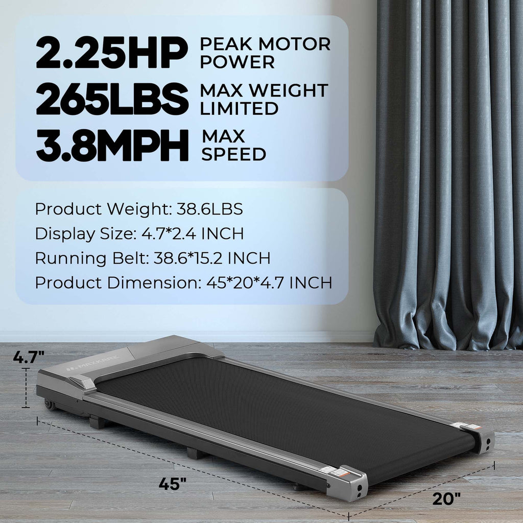 MaxKare Walking Pad Under Desk Treadmill with Remote Control 2.25HP 0.6-3.8MPH for Home Office, 265lbs Weight Capacity