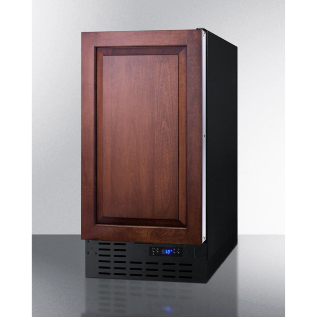 18" wide frost-free freezer in black for built-in or freestanding use, with integrated door frame for overlay panels