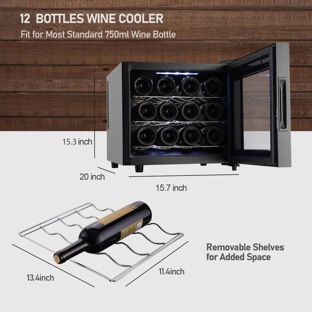 JINJUNYE Wine Cooler Refrigerator, 12 Bottle Wine Fridge Small, Countertop Wine Cooler with Temperature Control, Mini Freestanding Wine Cellars Glass Door for Home, Office, Bar, Gift for Men