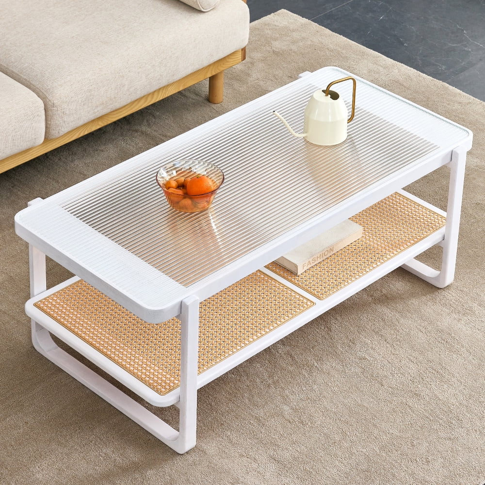 Glass Top, Imitation Rattan Side Table. Modern Minimalist White Double-walled Solid Wood Coffee Table. Rectangular Tables for Living Rooms, Dining Rooms and Bedrooms