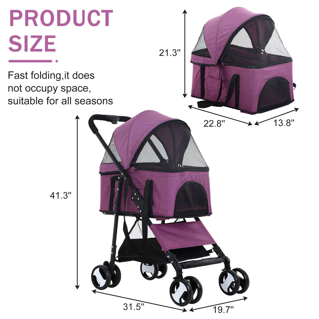YRLLENSDAN 4 Wheels Pet Strollers for Small Dogs Jogging Stroller, Lightweight Foldable Dog Stroller for Medium Large Dogs 3-in-1 Multifunction Cat Stroller w/Detachable Carrier & Storage Basket