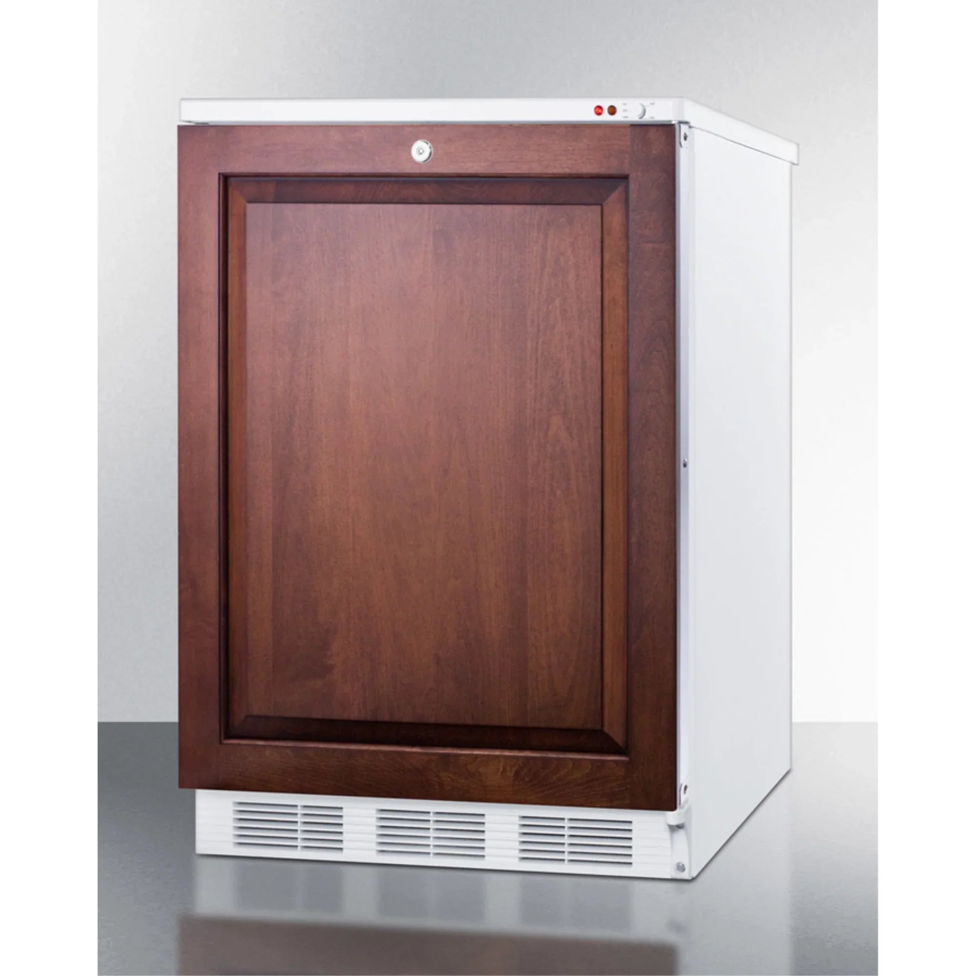 Built-in medical all-freezer with lock, capable of -25 C operation; door accepts custom overlay panels