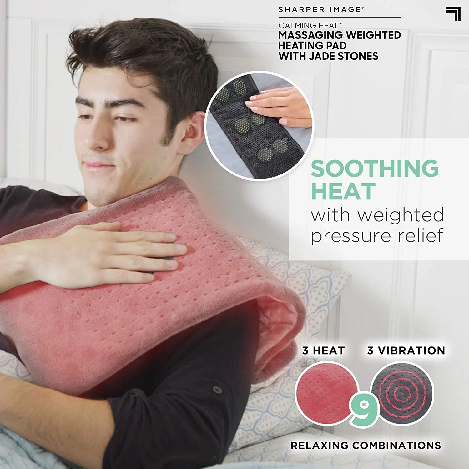Calming Heat Jade Stone Massaging Weighted Heating Pad by Sharper Image- Weighted Electric Heating Pad, Massaging Vibrations, 6 Settings- 3 Heat, 3 Massage- 9 Relaxing Combinations, 12” x 24”, 4 lbs