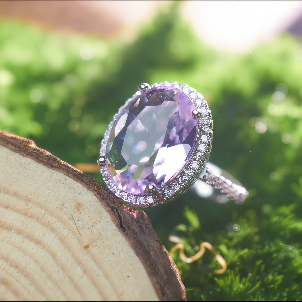 Oval Light Purple Amethyst CZ Single Halo Filigree Ring For Women, Copper Plated Silver Paved White Crystal Vintage Wedding Cocktail Statement Jewelry Gift