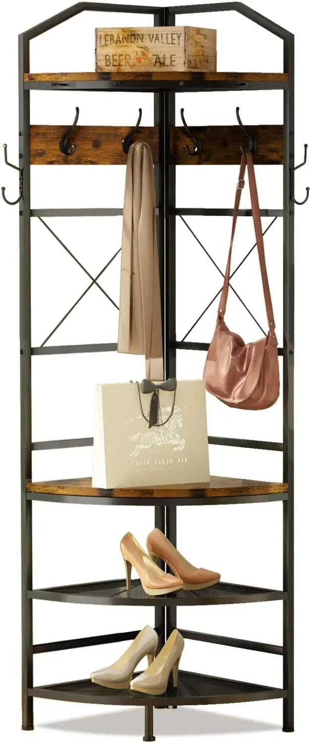 Corner Coat Rack Hall Tree with Shoe Bench Entryway Coat Rack with 6 Metal Hooks, Industrial Corner Shoe Racks Freestanding Corner Shelves Organizer Entryway Bench with Coat Rack & Storage