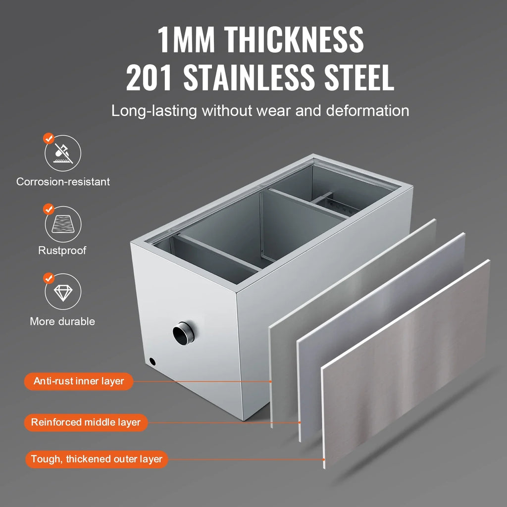 SKYSHALO 25LB Commercial Grease Interceptor Trap Stainless Steel Waste Water Filter