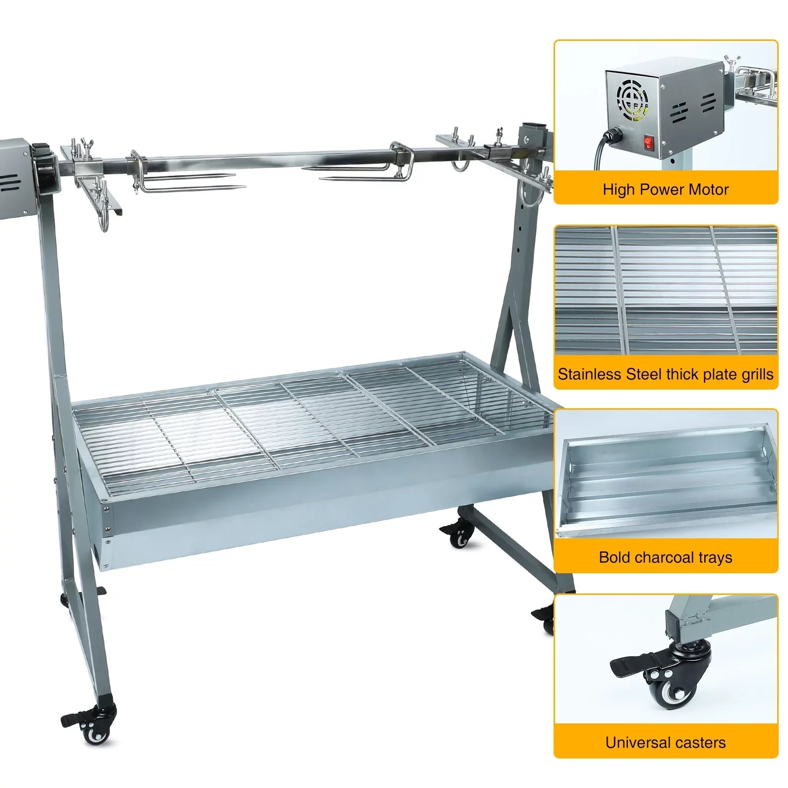 Rocita Rotisserie Grill Roaster, 132lbs Charcoal Grill Outdoor BBQ Grill Pig Lamb Spit Roaster with 25W Motor and Hand Crank