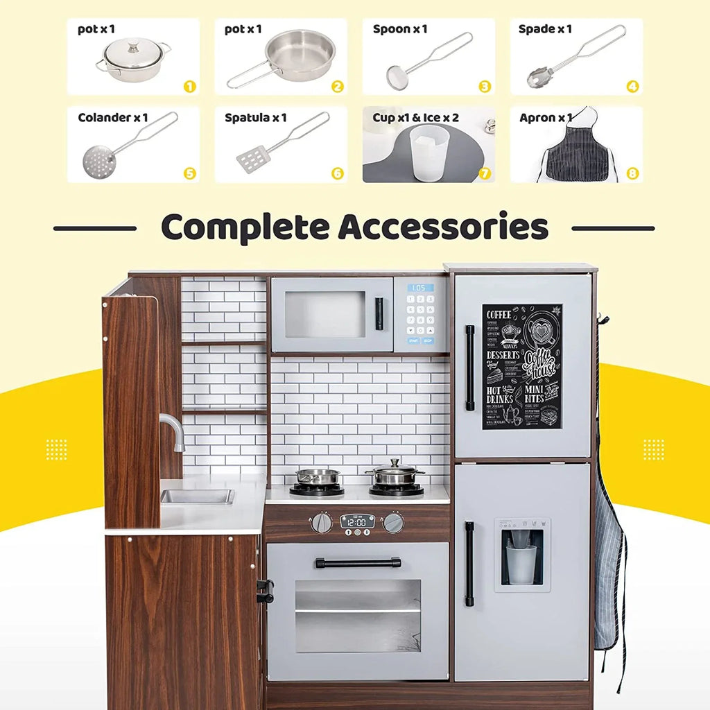 BRINJOY Corner Play Kitchen for Kids, Wooden Toddler Kitchen Playset w/ Faucet, Sink, Microwave, Oven, Apron, Blackboard, Storage Cabinets, Pretend Cooking Toys w/ Sound & Light Gift for Ages 3+
