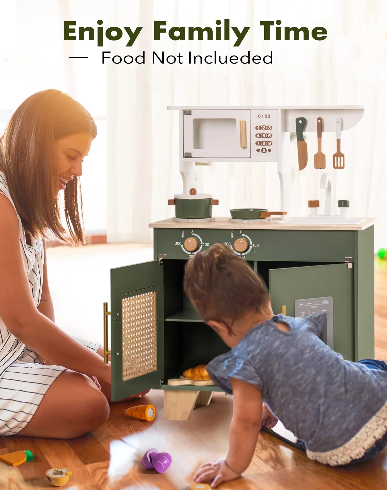 Robud Kids Kitchen Play Set with Ice Maker for Toddler, Pretend Playset Wooden Toy for Kids Age 3+ ,Vintage Green