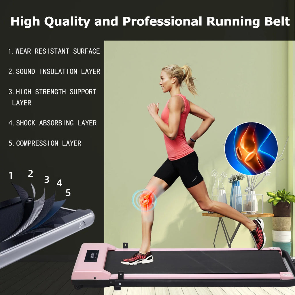BITOUSHI Treadmill Under Desk Walking Pad 2 in 1, 3.0HP Portable Small Treadmill for Office & Home, Ultra Quiet & Installation-Free with Remote Control, LED Display, 220 Lb Capacity - Pink
