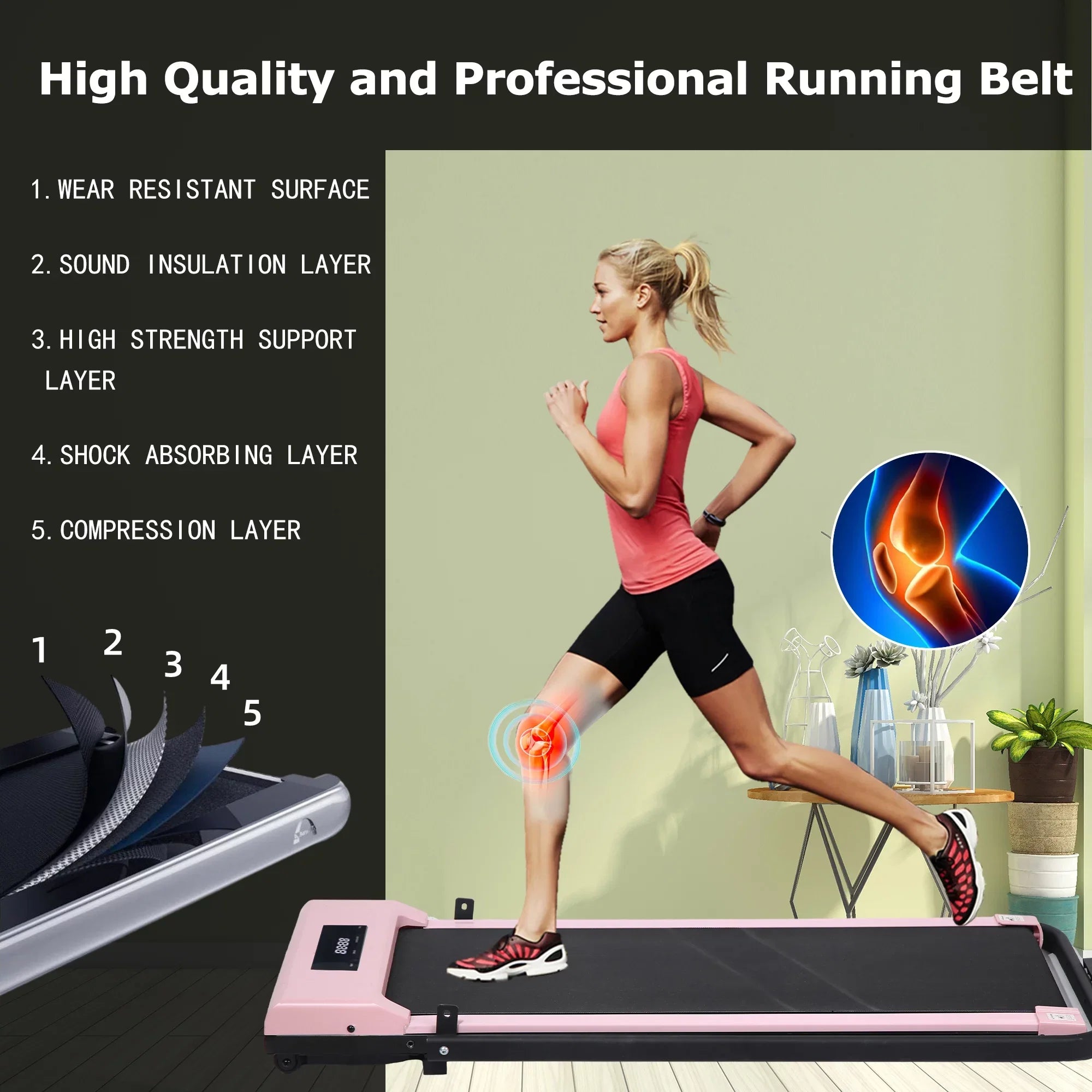 BITOUSHI Treadmill Under Desk Walking Pad 2 in 1, 3.0HP Portable Small Treadmill for Office & Home, Ultra Quiet & Installation-Free with Remote Control, LED Display, 220 Lb Capacity - Pink