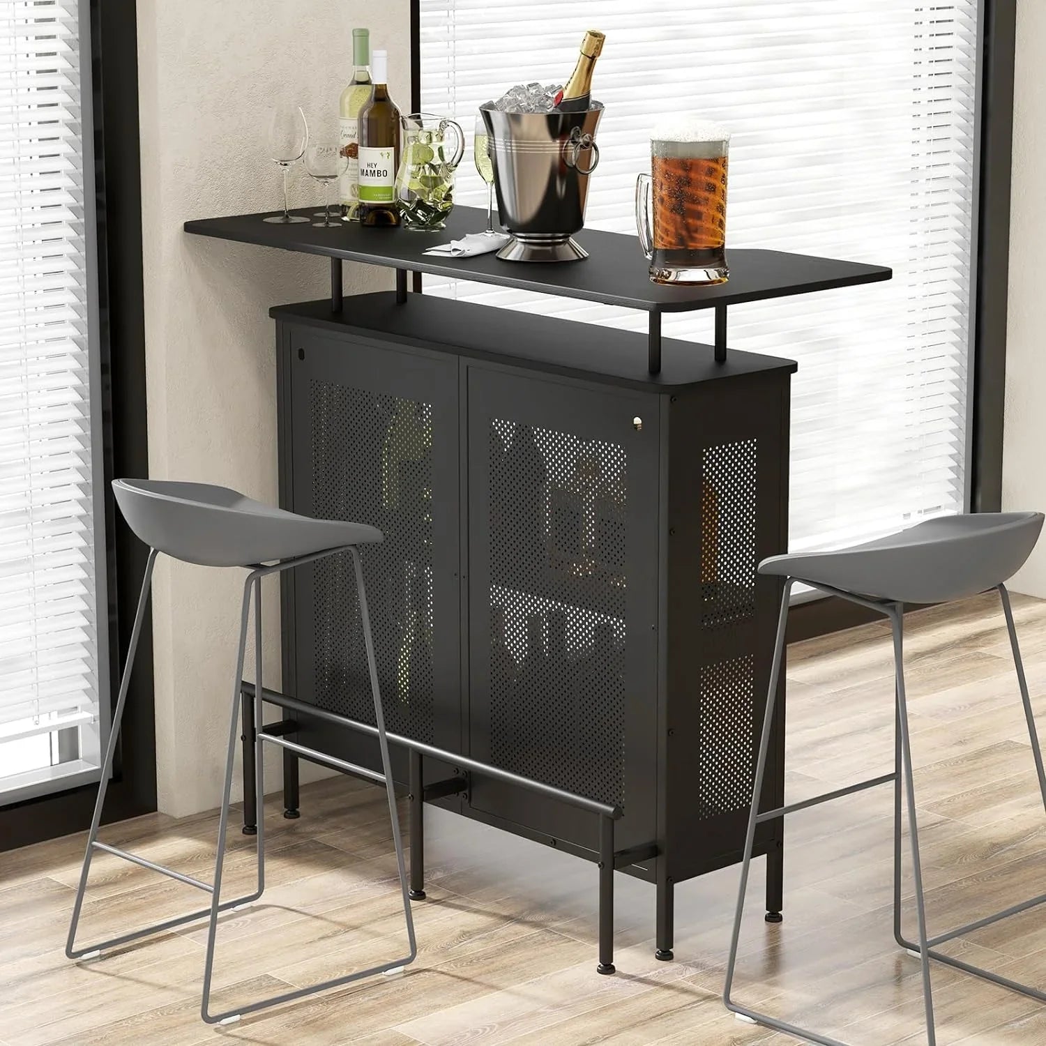 FJU 4-Tier Home Bar Unit, Home Bar Cabinet w/ 2 Wine Storage Shelves & 6 Stemware Holders, Metal Front & Footrest, 7 Adjustable Feet, Industrial Metal Wine Bar Table for Kitchen, Pub, Black