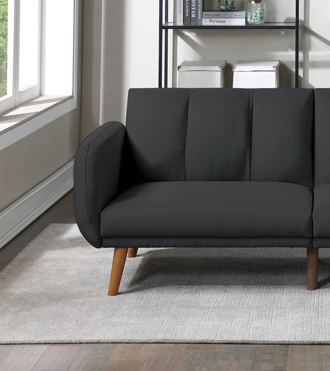 Dcenta Elegant Modern Sofa Black Polyfiber 1pc Sofa Convertible Bed Wooden Legs Living Room Guest Furniture