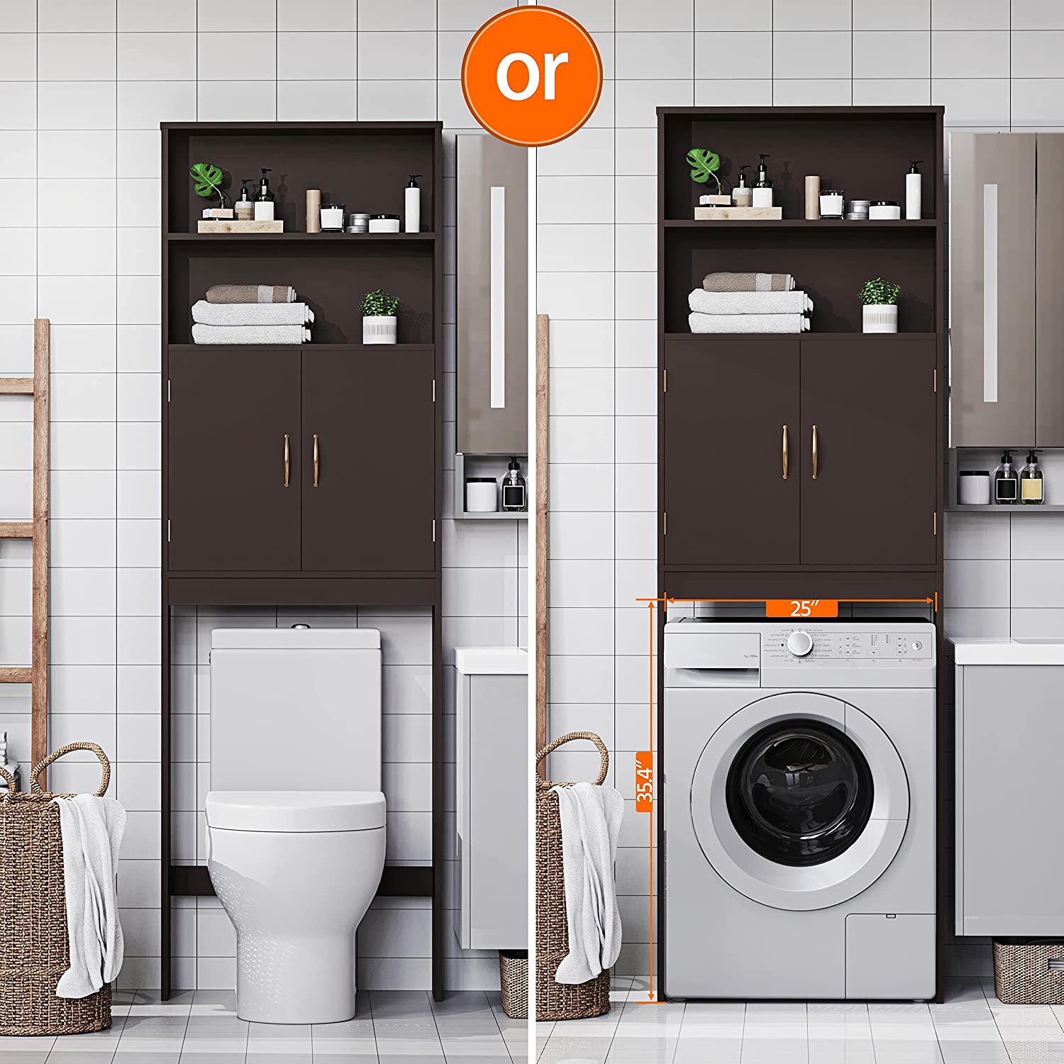 Over The Toilet Storage, Taller Bathroom Organizer Space-Saving Storage Cabinet with Adjustable Shelves and Double Doors, 77 in H, Espresso