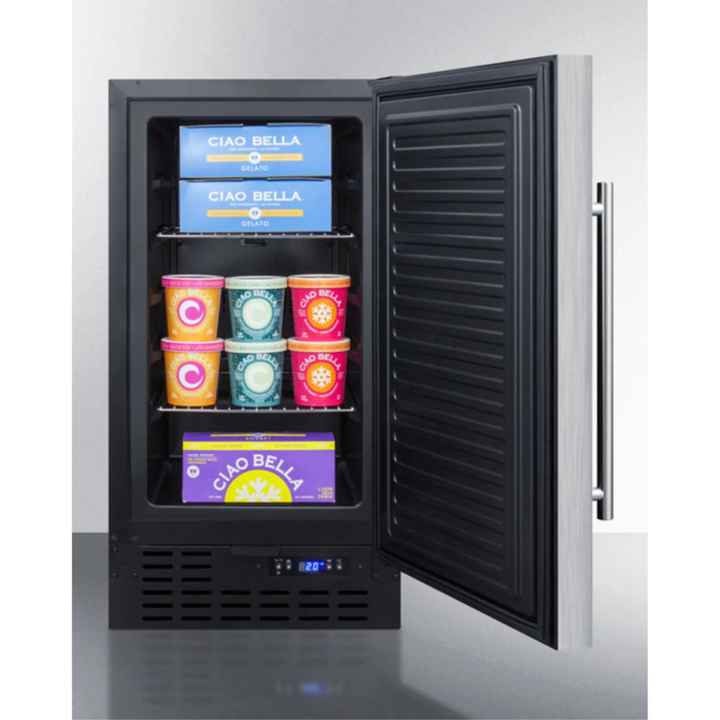 ADA compliant 18" wide frost-free freezer built-in or freestanding use, with stainless steel exterior, lock, and digital thermostat