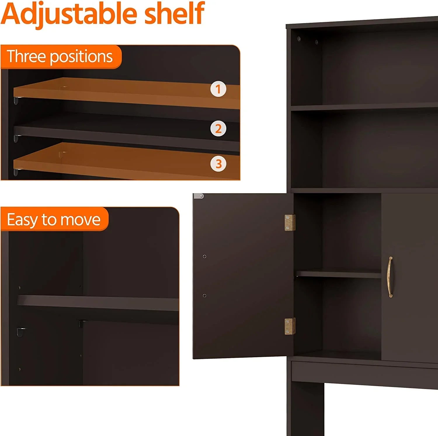 Over The Toilet Storage, Taller Bathroom Organizer Space-Saving Storage Cabinet with Adjustable Shelves and Double Doors, 77 in H, Espresso