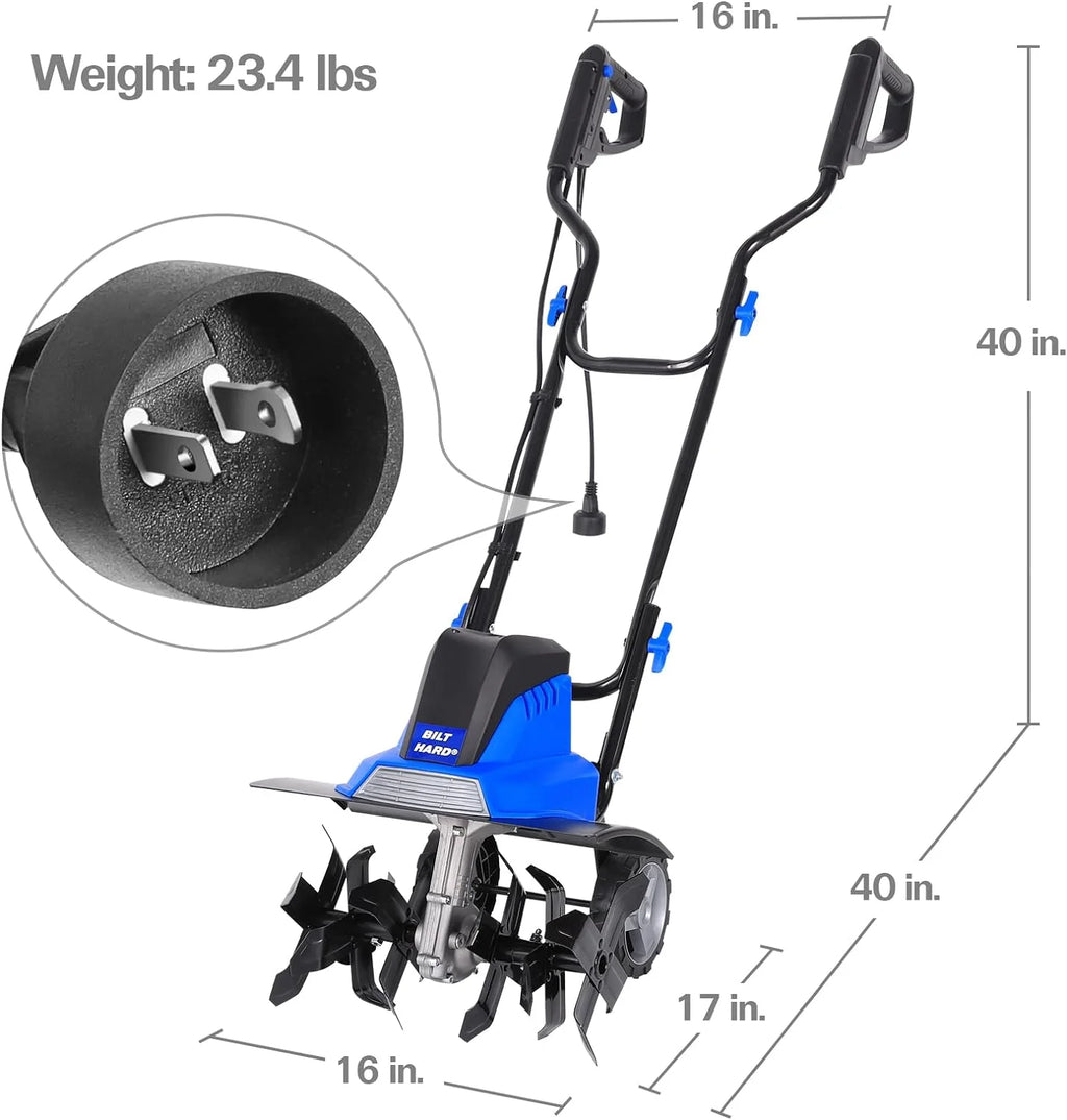 BILT HARD Tiller Cultivator 16 inch, 13.5 Amp 6 Steel Tines Electric Garden Rototiller with Adjustable Wheels