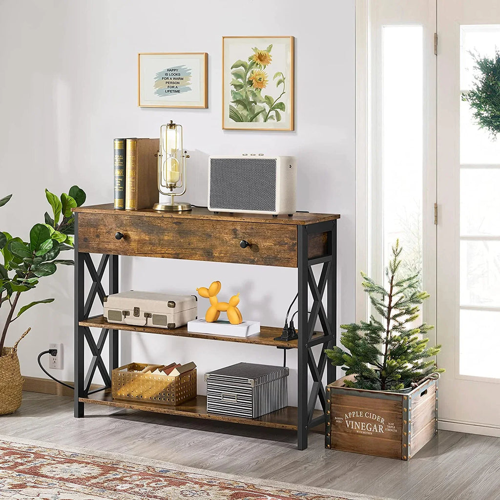 Console Table with Drawer, Entryway Table with 3 Tier Storage Shelves, Narrow Long Sofa Table for Entryway, Living Room, Hallway, Couch, Kitchen, Metal Frame, Rustic ftp