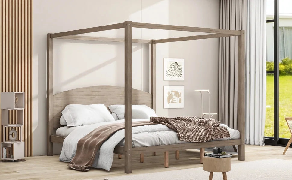 Upgrade your regal bedroom with this elegant and luxurious brown wash canopy platform king size bed. Featuring sturdy support legs and a stylish headboard this bed is the perfect additio