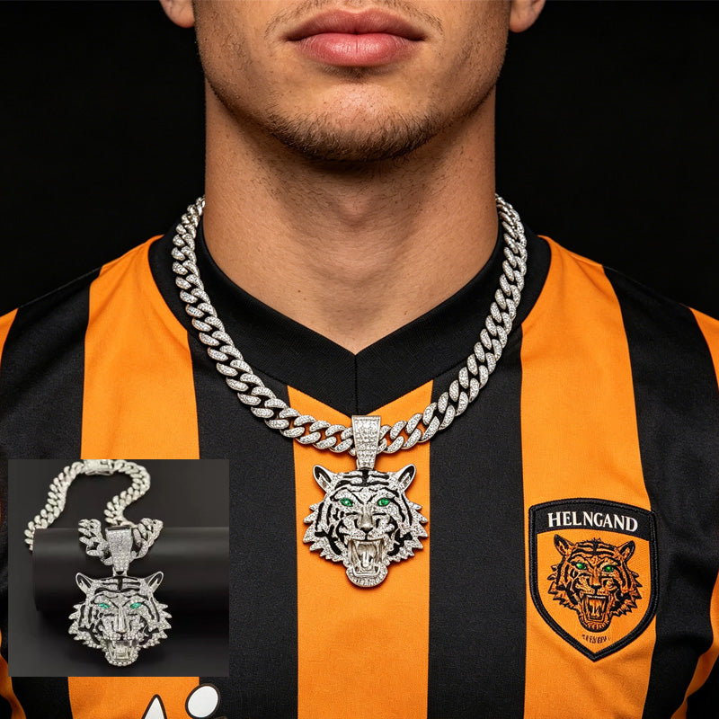 13mm Width Football Pendant Necklace,Hip Hop Green Eyes Tiger Head Pendant Necklace 3D Diamond Gold Zinc Alloy Stainless Steel Religious Zircon