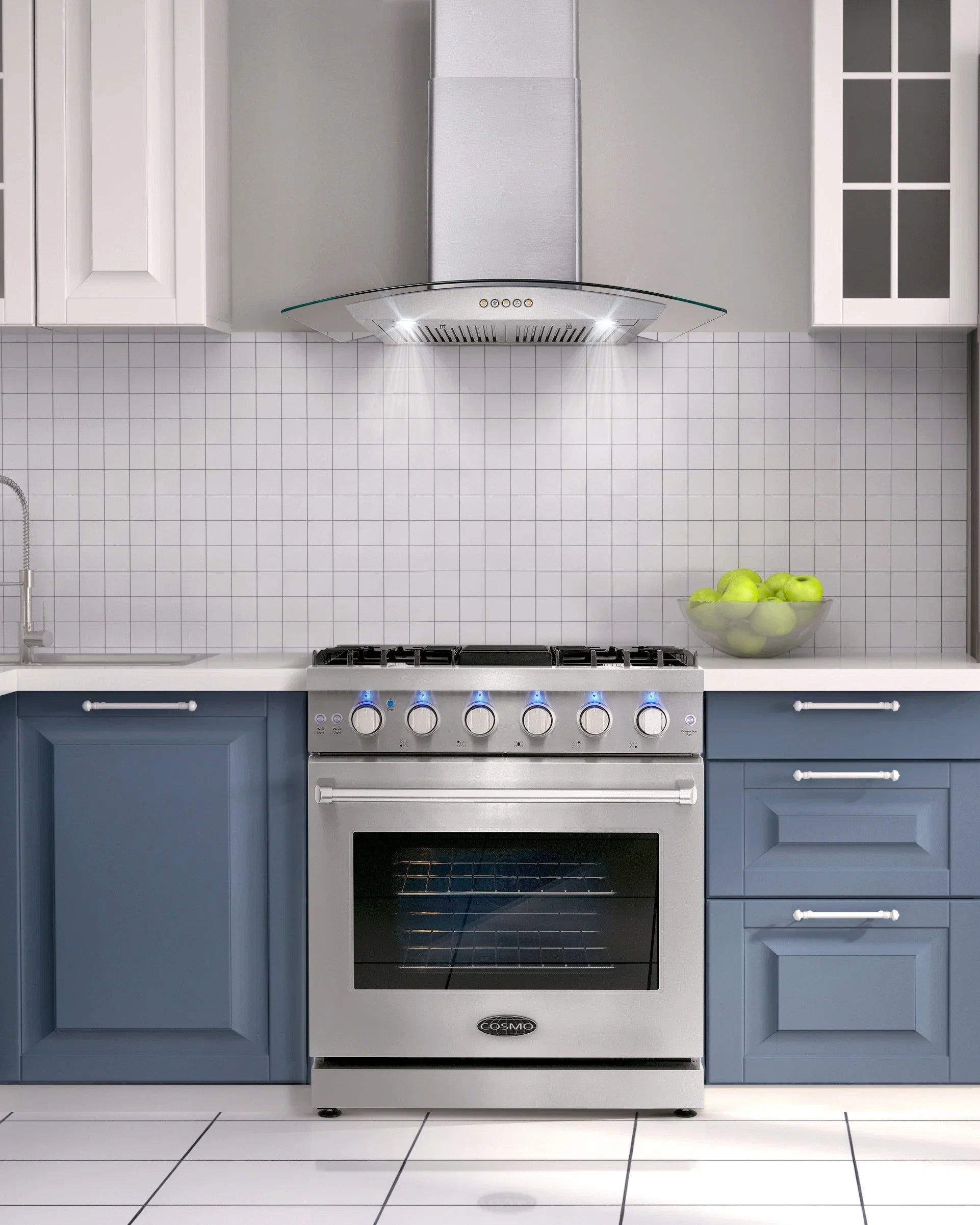 Cosmo 4 Piece Kitchen Appliance Package with 30" Freestanding Gas Range 30" Wall Mount Range Hood 24" Built-in Integrated Dishwasher & French Door Refrigerator Kitchen Appliance Bundles