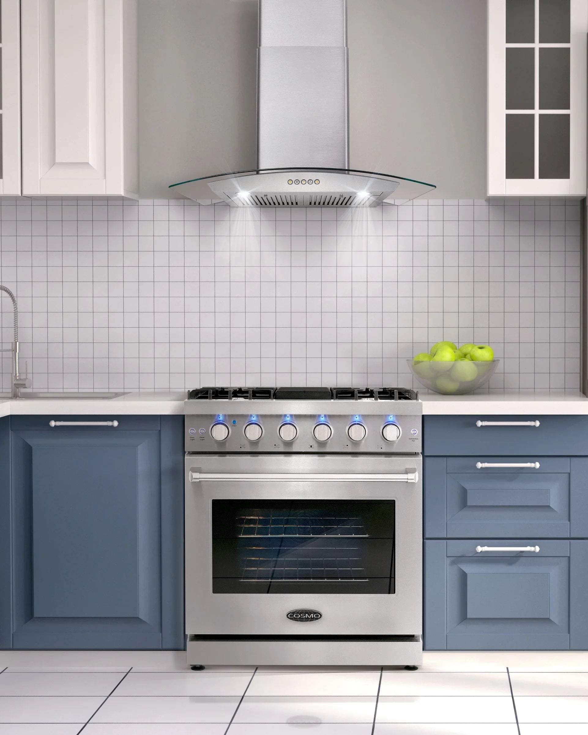 Cosmo 4 Piece Kitchen Appliance Package with 30" Freestanding Gas Range 30" Under Cabinet Range Hood 24" Built-in Integrated Dishwasher & French Door Refrigerator Kitchen Appliance Bundles