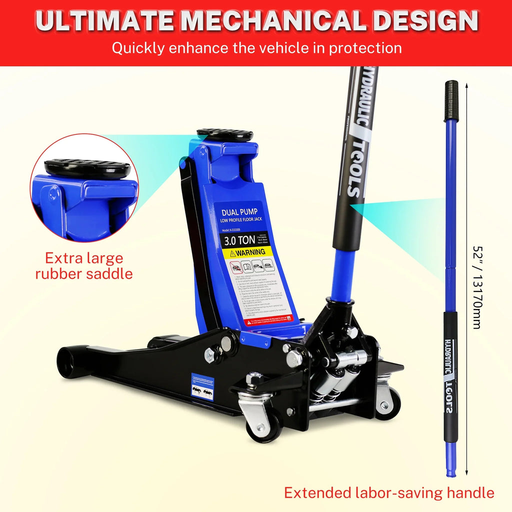 Seizeen Low Profile Floor Jack, 3 Ton(6600 lbs) Trolley Jack Dual Lift Pump, Quick Lift 3.3''-19.7'', Heavy-Duty Steel Jack with 52''L Extended Handle, Car Jack w/Wheels, Rubber Saddle