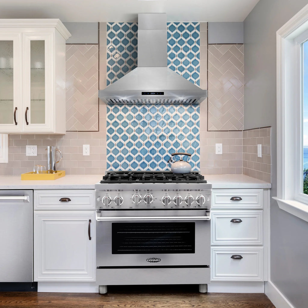 Cosmo 4 Piece Kitchen Appliance Package with 30" Freestanding Gas Range 30" Wall Mount Range Hood 24" Built-in Integrated Dishwasher & French Door Refrigerator Kitchen Appliance Bundles