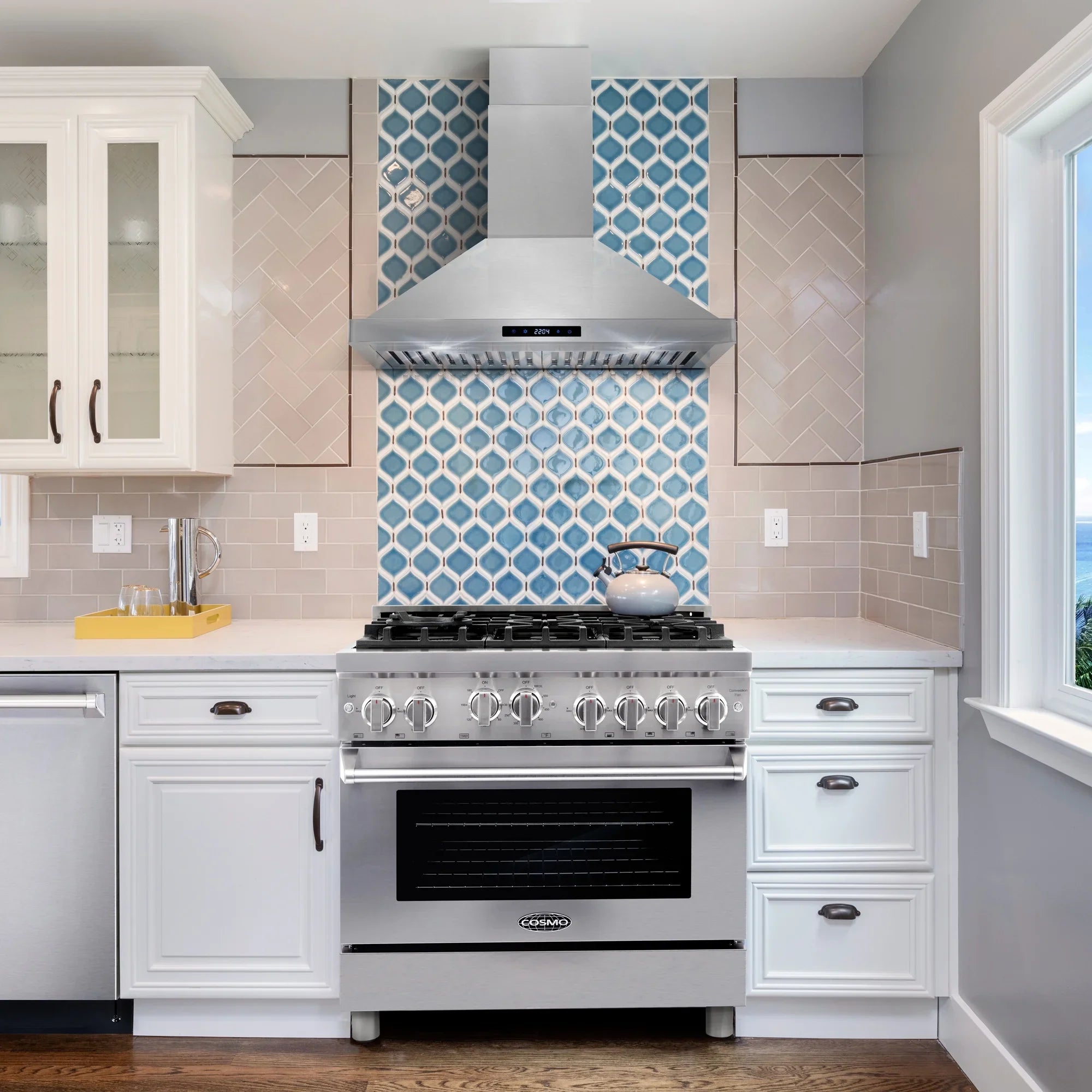 Cosmo 4 Piece Kitchen Appliance Package with 30" Freestanding Gas Range 30" Wall Mount Range Hood 24" Built-in Integrated Dishwasher & French Door Refrigerator Kitchen Appliance Bundles