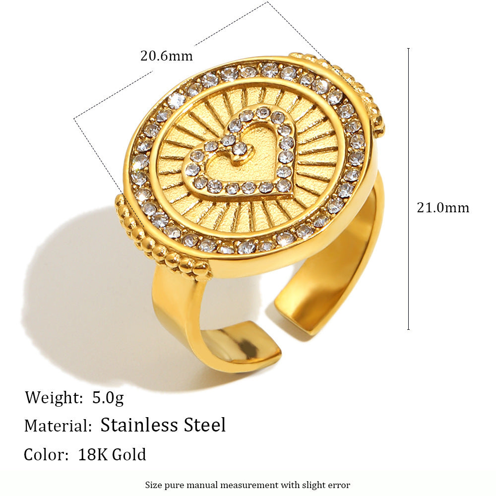 Retro Geometric Heart Disc Zircon Necklace Earring And Ring Set