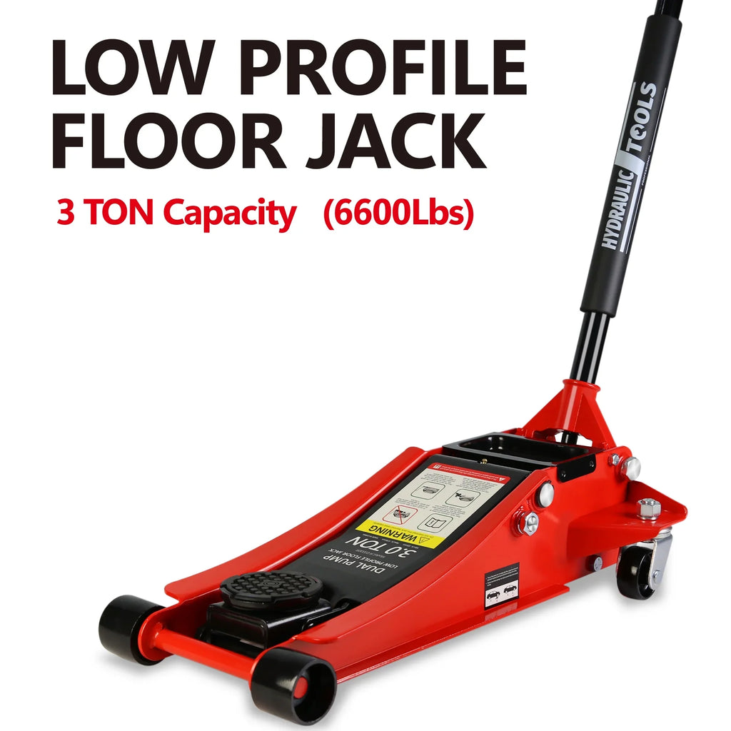 Low Profile Floor Jack, Seizeen 3 Ton(6600 lbs) Trolley Jack Dual Lift Pump, Quick Lift 3-3/10" - 18-4/20", Heavy-Duty Steel Jack with 45''L Extended Handle, Car Jack w/Wheels, Rubber Saddle, Red