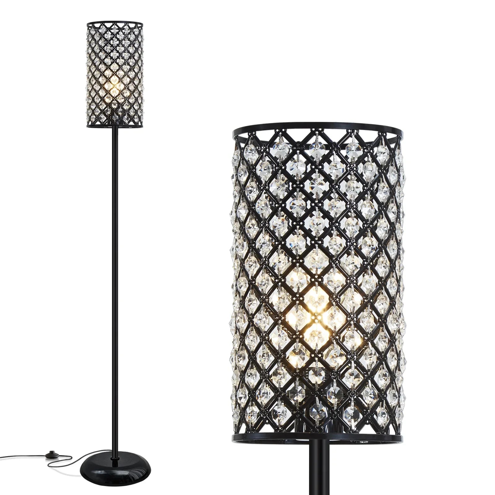 Natyswan Crystal Floor Lamp, Modern Black Floor Lamp with on/off Foot Switch,Tall Pole Accent Lighting for Living Room, Girl Bedroom, Dresser, Office